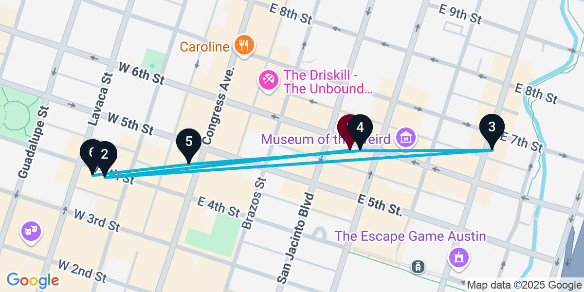 Map for 6-Stop Austin Nightclub Bar Crawl