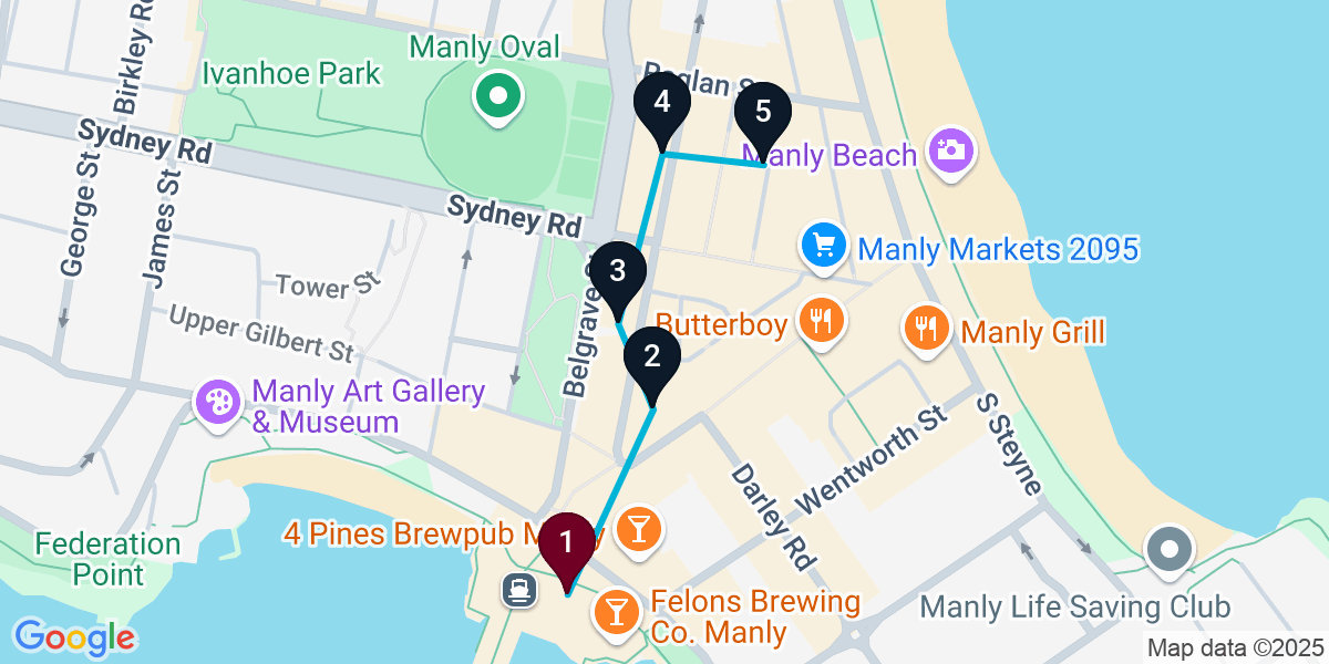 Map for 5-Stop Manly Wine bar Bar Crawl