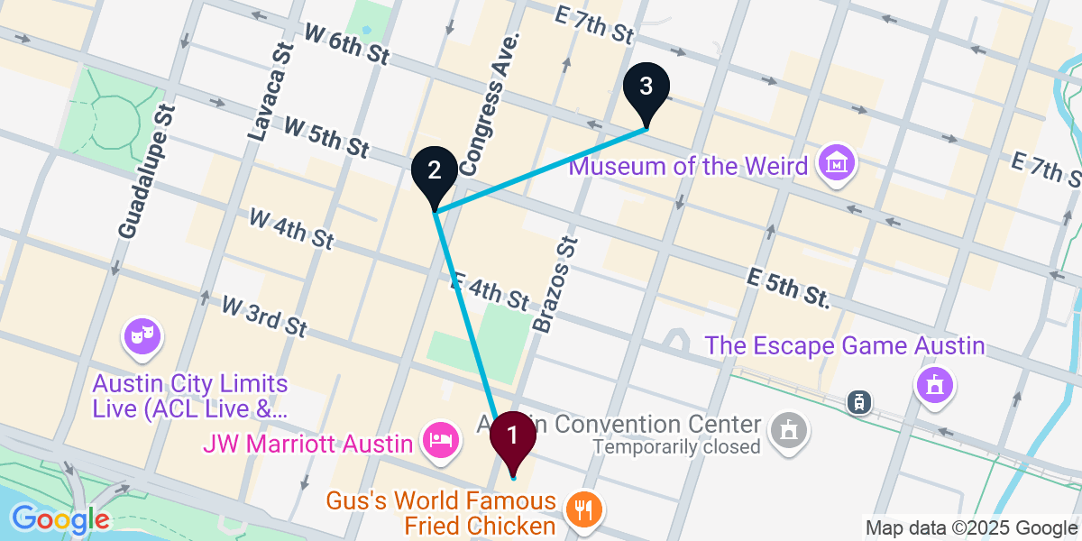 Map for 3-Stop Austin Live music Bar Crawl