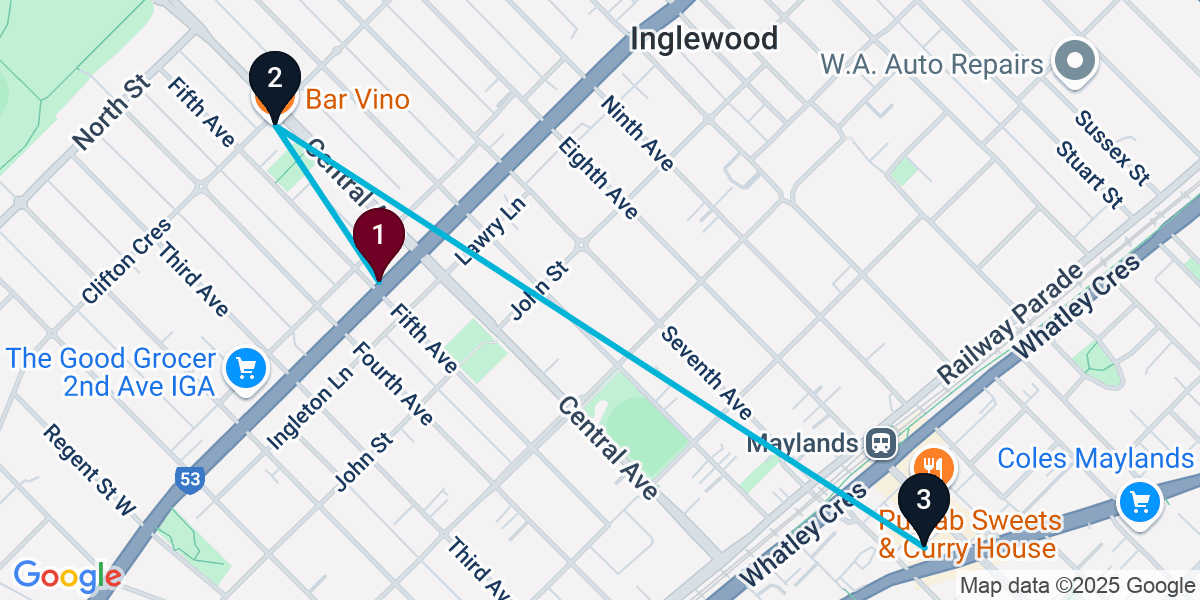 Map for 3-Stop Perth Bar Crawl