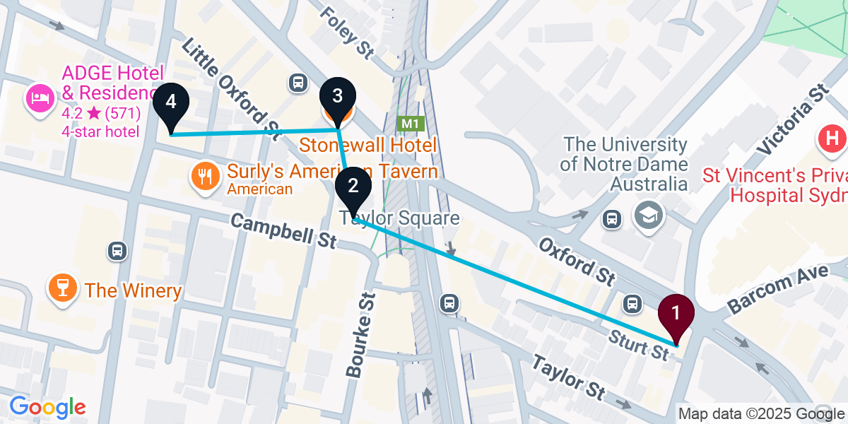 Map for 4-Stop Darlinghurst Live music Bar Crawl