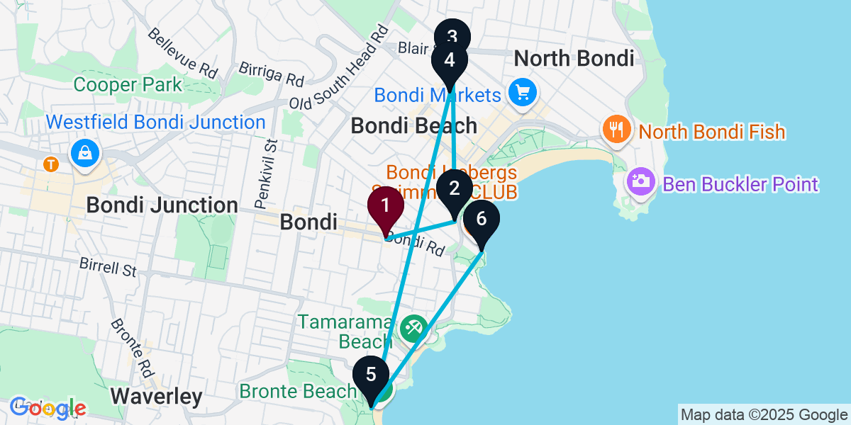 Map for 6-Stop Bondi Beach bar Bar Crawl