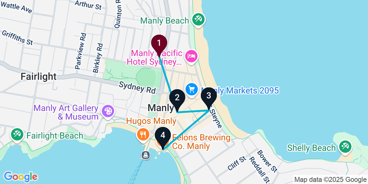 Map for 4-Stop Manly Pub Bar Crawl