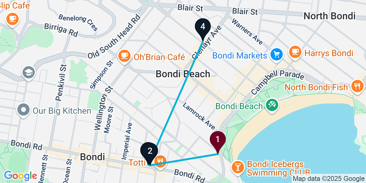 Map for 4-Stop Bondi Beach Bar Crawl