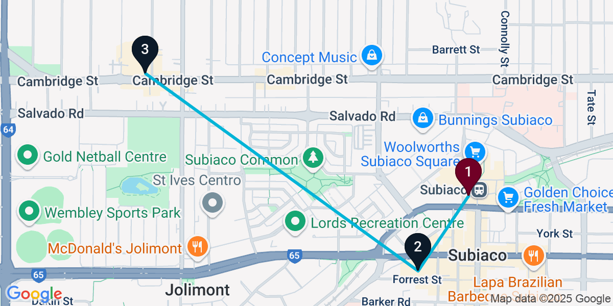 Map for 3-Stop Subiaco Pub Bar Crawl