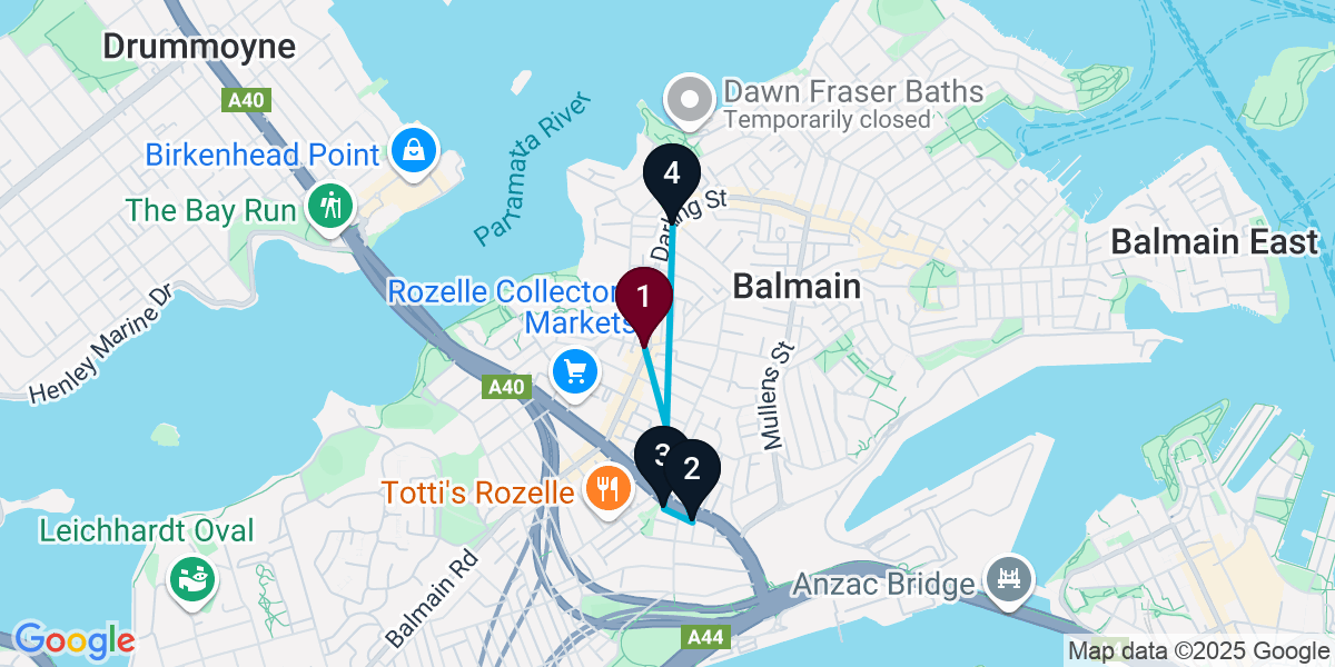 Map for 4-Stop Rozelle Bar Crawl
