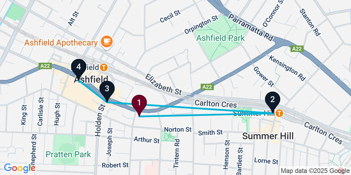 Map for 4-Stop Ashfield Pub Bar Crawl
