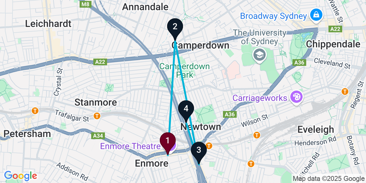Map for 4-Stop Newtown Speakeasy Bar Crawl