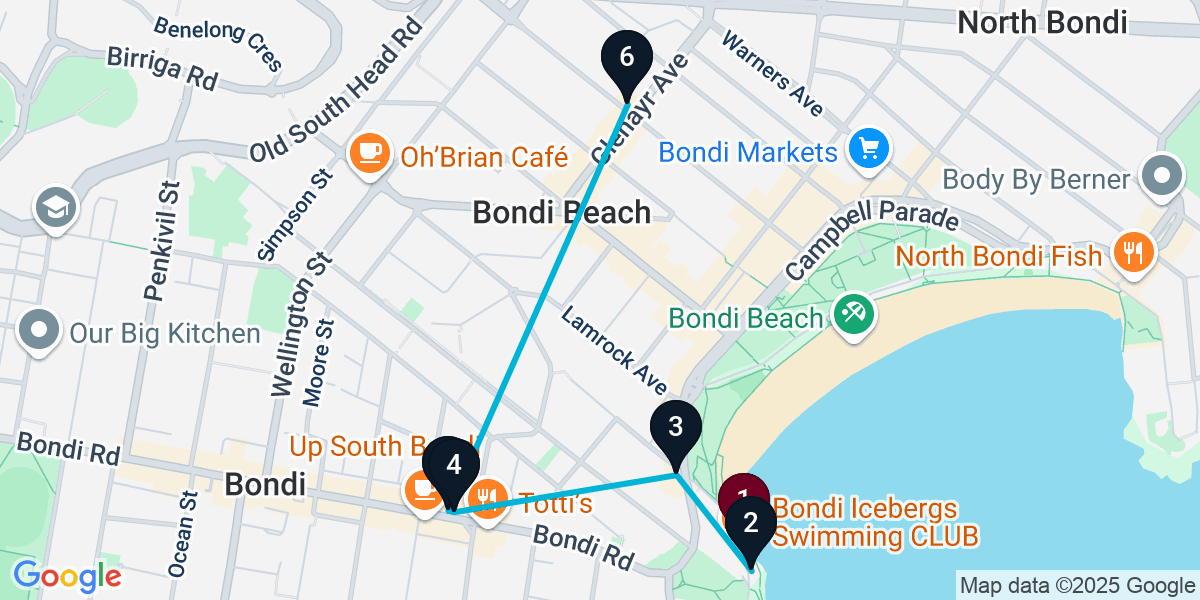 Map for 6-Stop Bondi Beach Bar Crawl