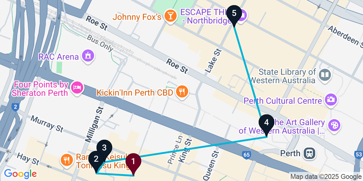 Map for 5-Stop Perth Cocktail Bar Crawl