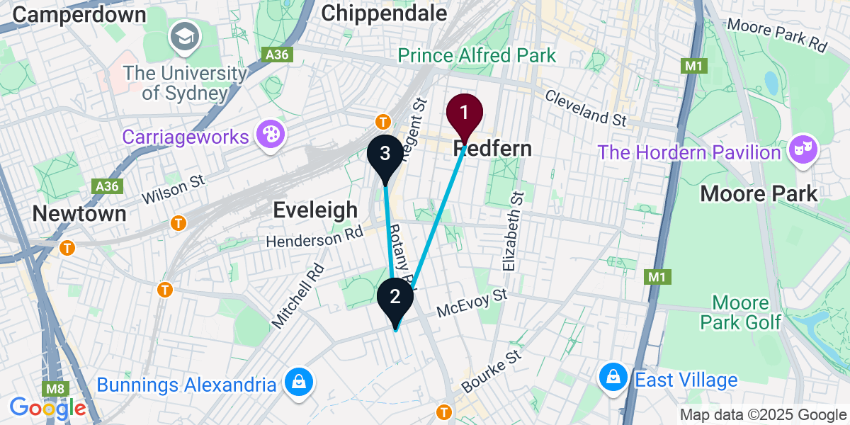 Map for 3-Stop Redfern Brewery Bar Crawl