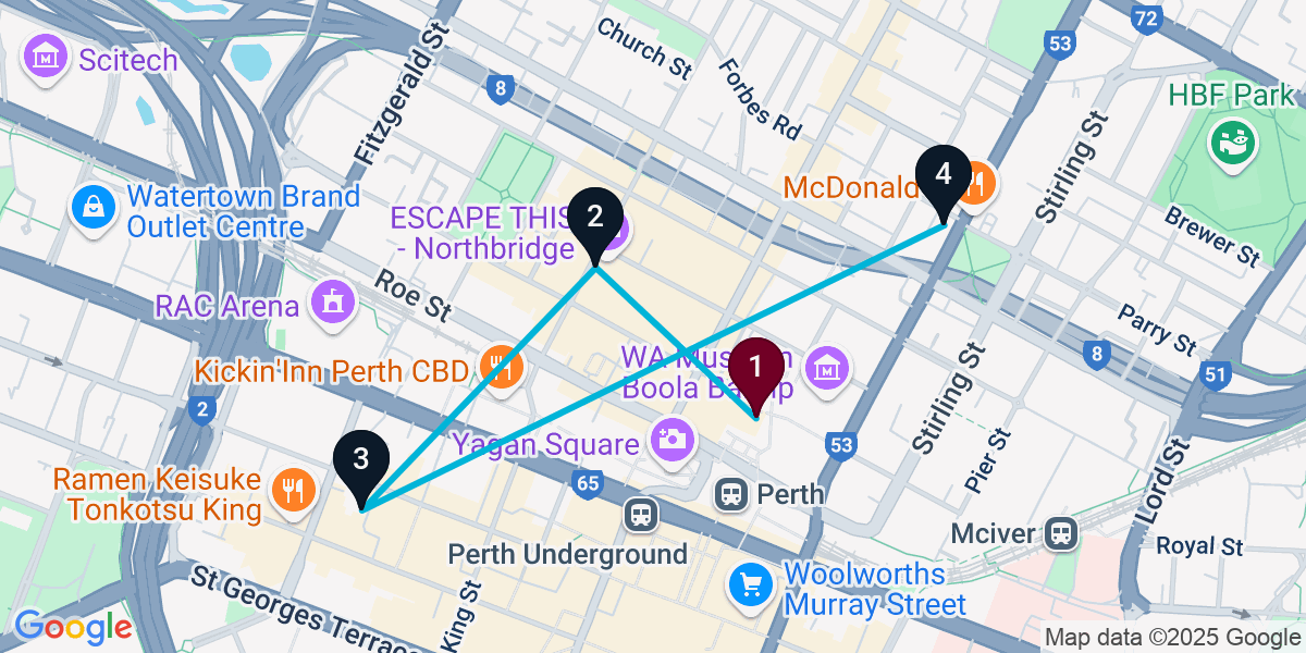 Map for 4-Stop Northbridge Cocktail Bar Crawl