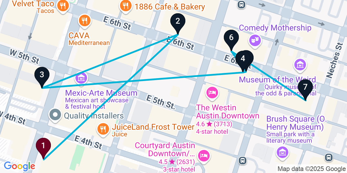 Map for 7-Stop Austin Live music Bar Crawl