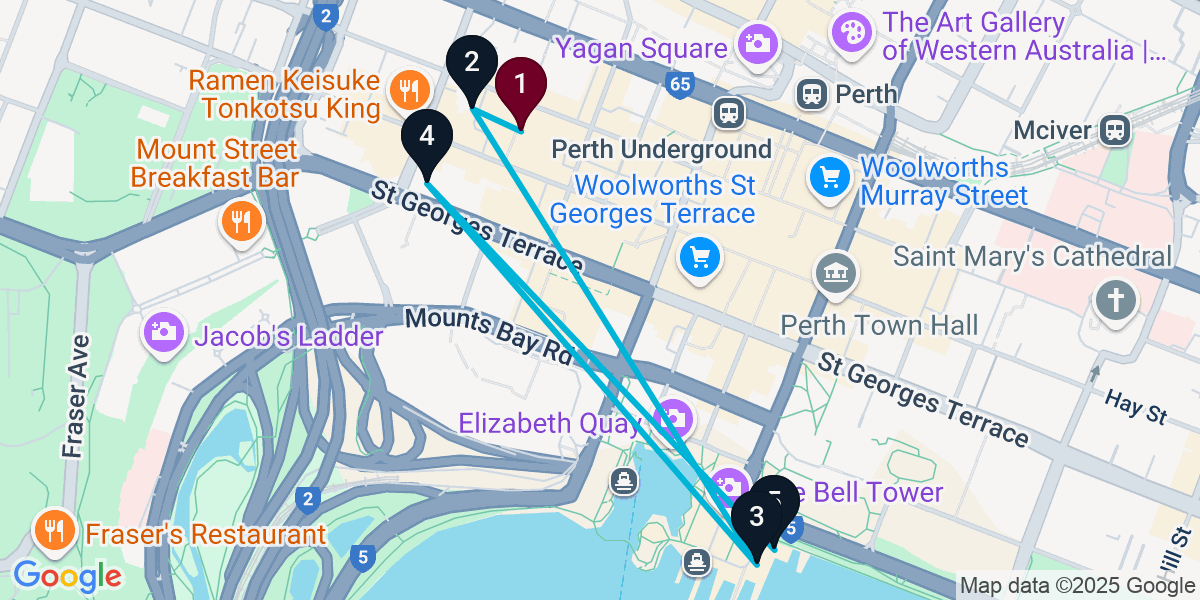 Map for 5-Stop Perth Rooftop Bar Crawl