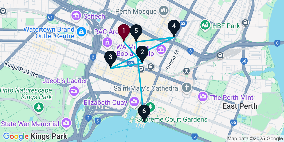 Map for 6-Stop Northbridge Cocktail Bar Crawl