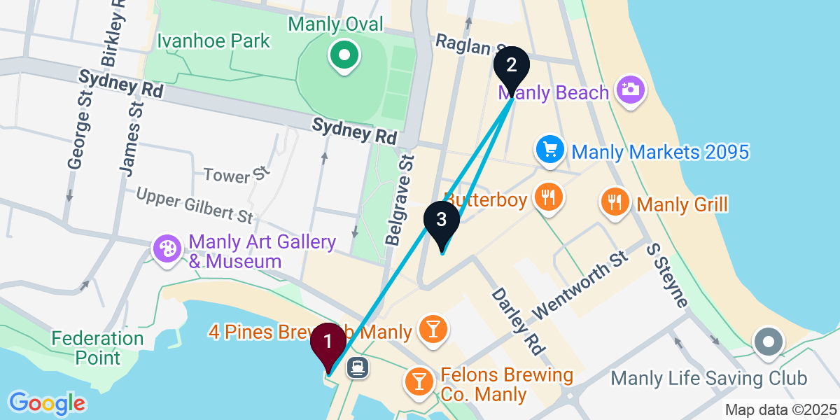 Map for 3-Stop Manly Cocktail Bar Crawl