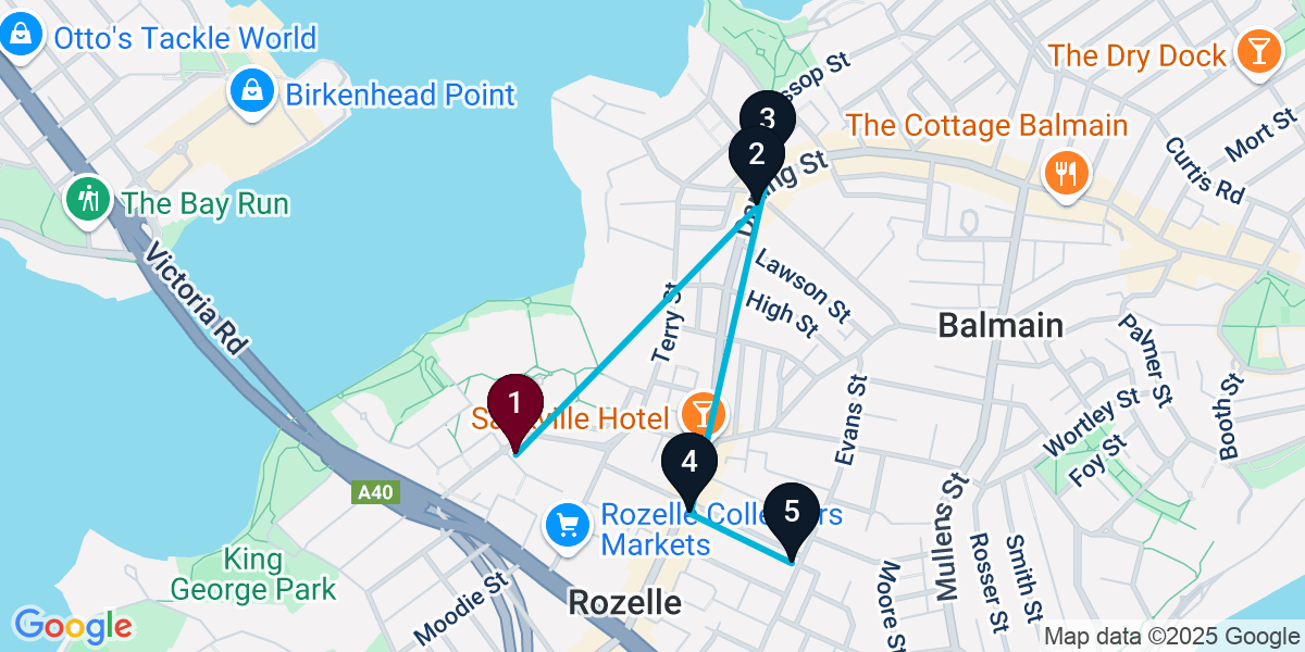 Map for 5-Stop Rozelle Bar Crawl