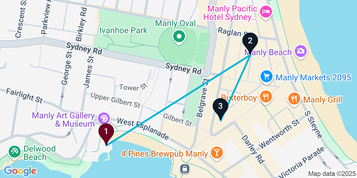 Map for 3-Stop Manly Cocktail Bar Crawl