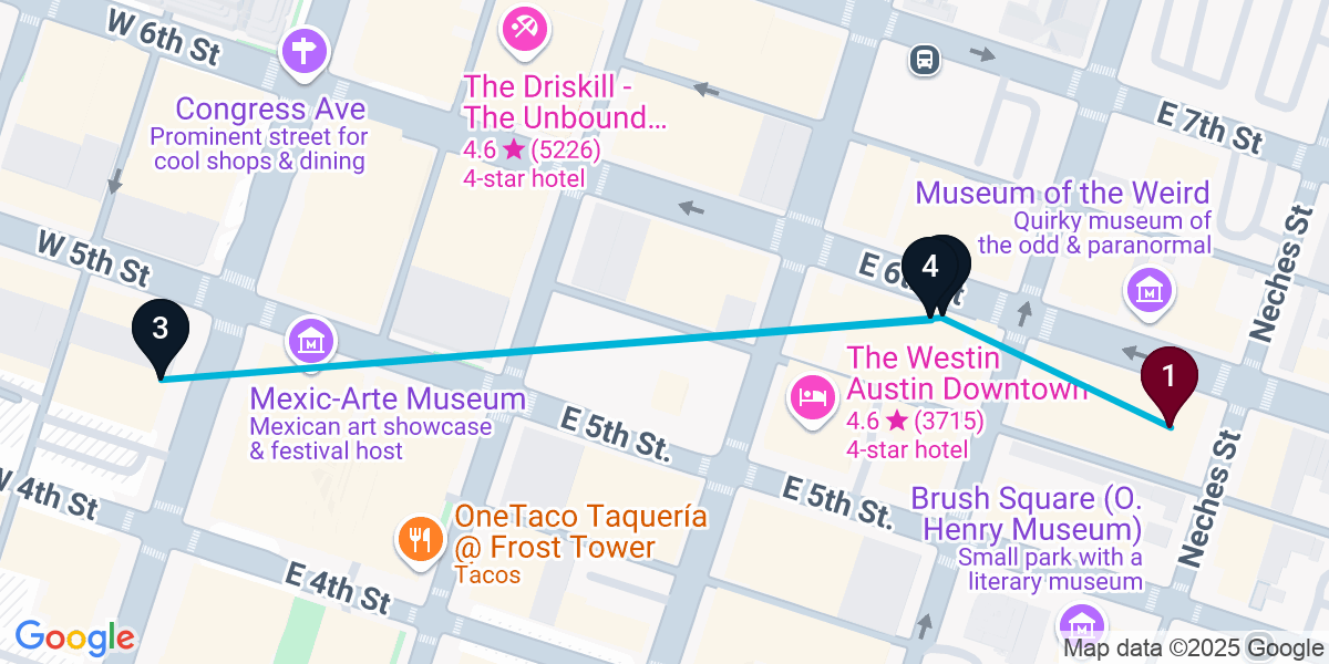Map for 4-Stop Austin Live music Bar Crawl