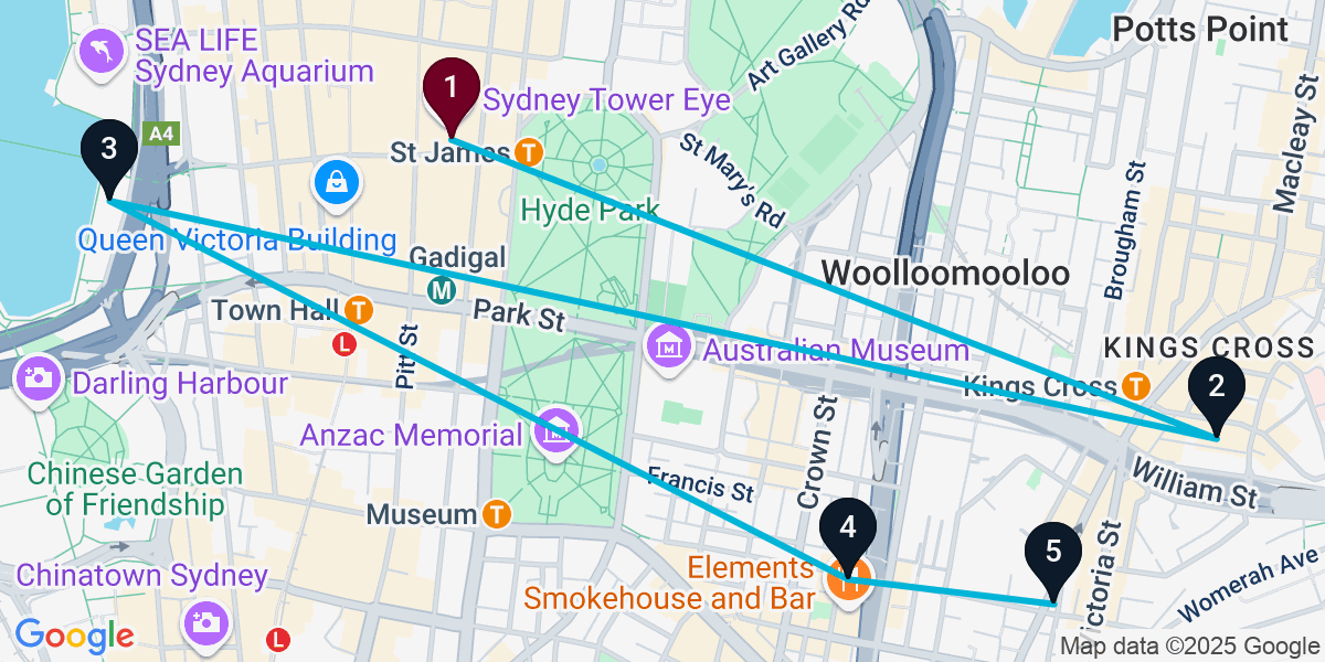 Map for 5-Stop Sydney Rooftop Bar Crawl