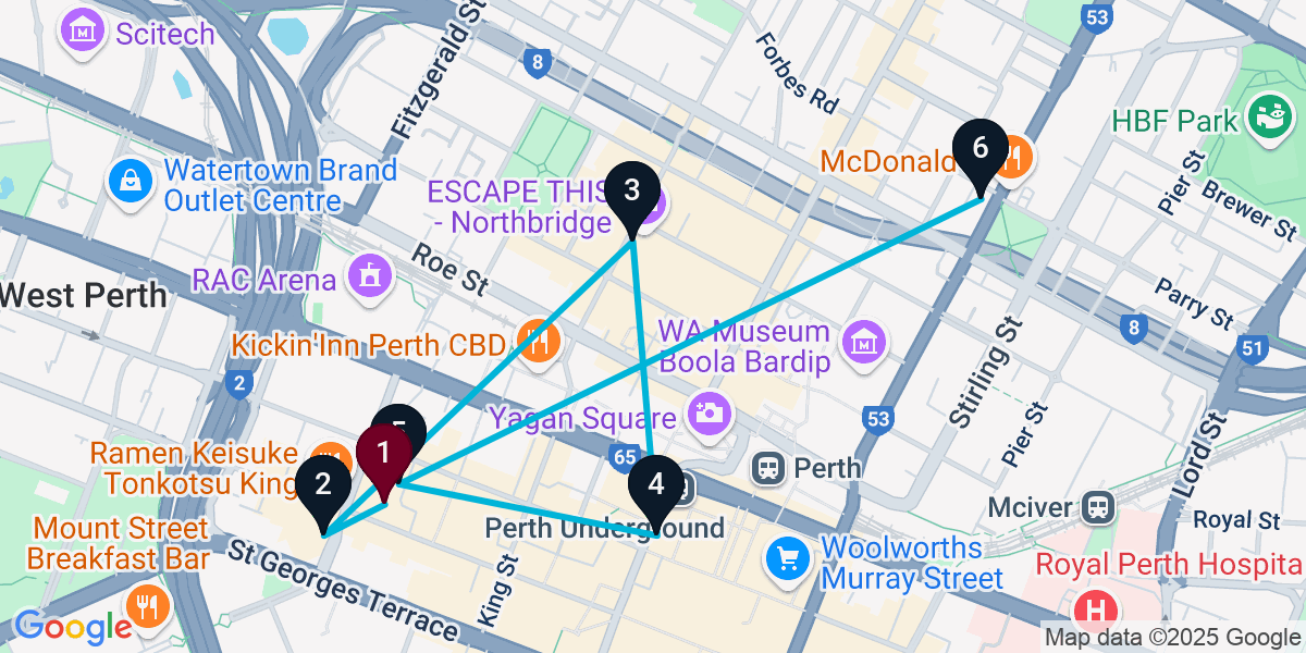 Map for 6-Stop Perth Bar Crawl