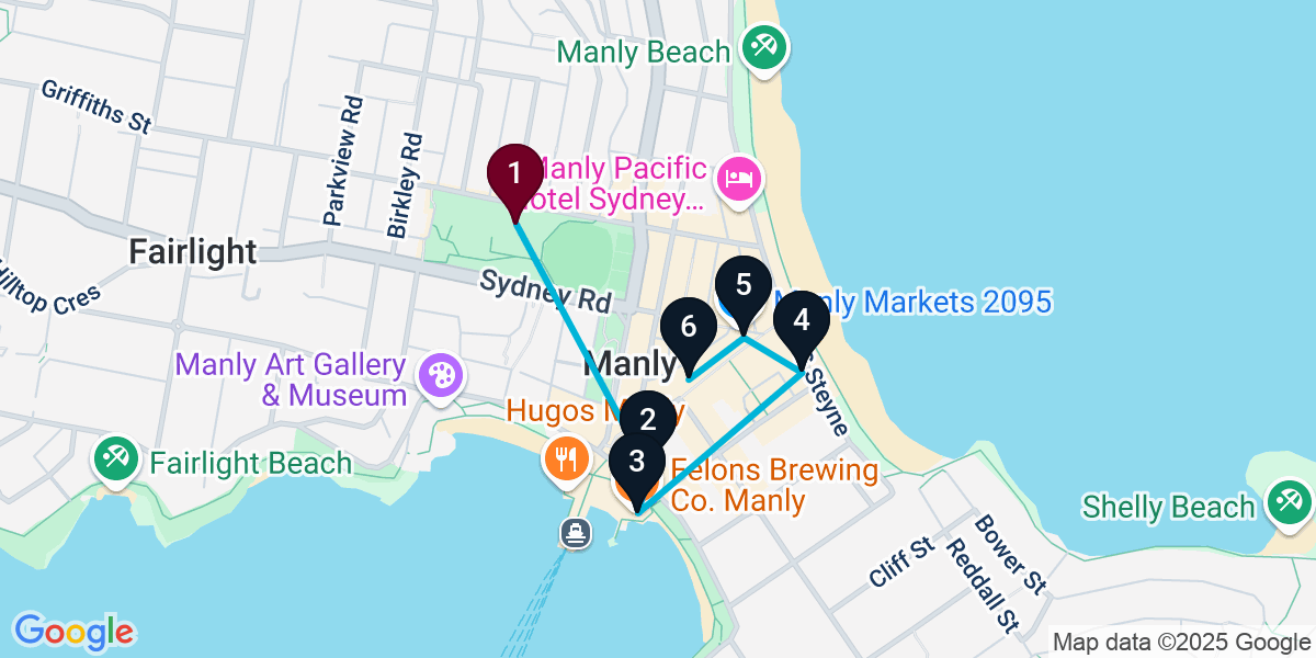 Map for 6-Stop Manly Pub Bar Crawl