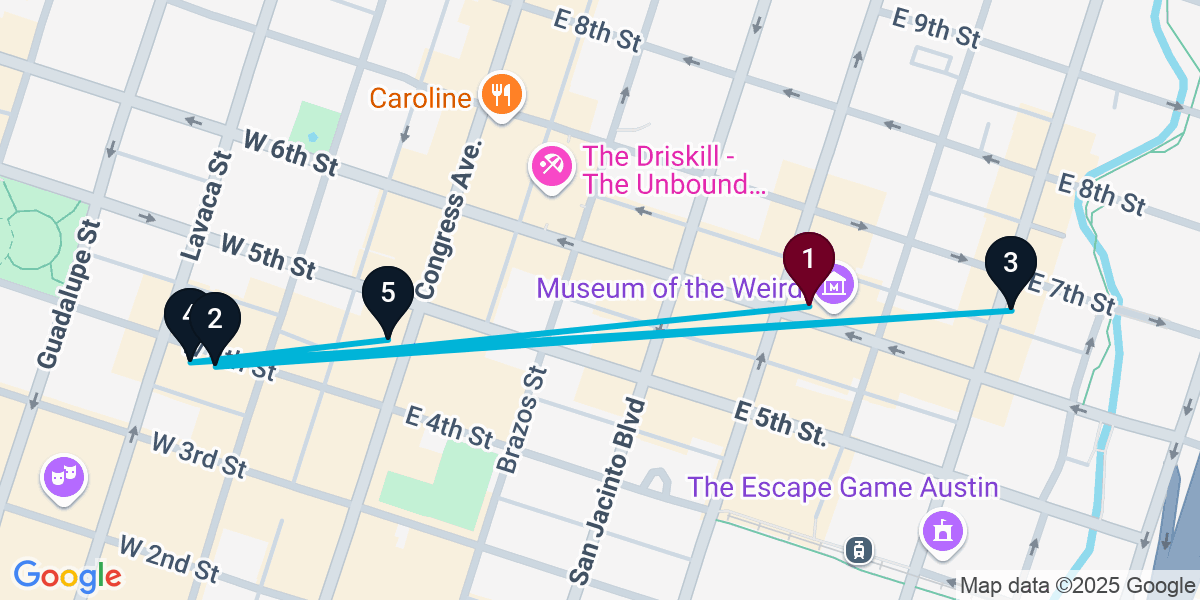 Map for 5-Stop Austin Nightclub Bar Crawl