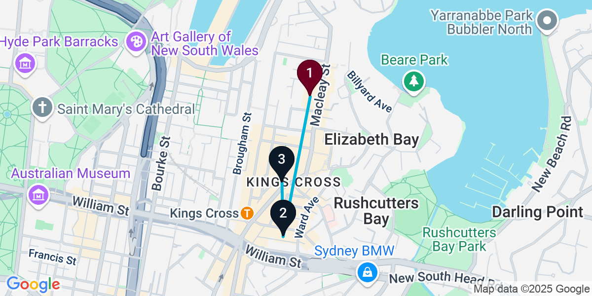 Map for 3-Stop Potts Point Rooftop Bar Crawl