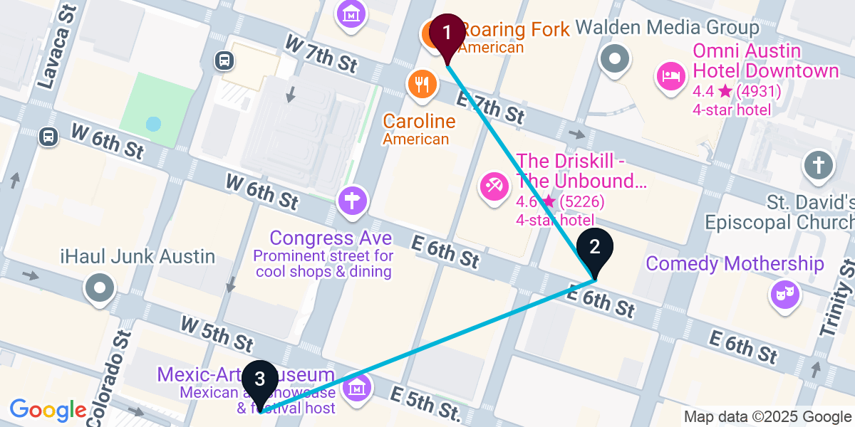 Map for 3-Stop Austin Live music Bar Crawl