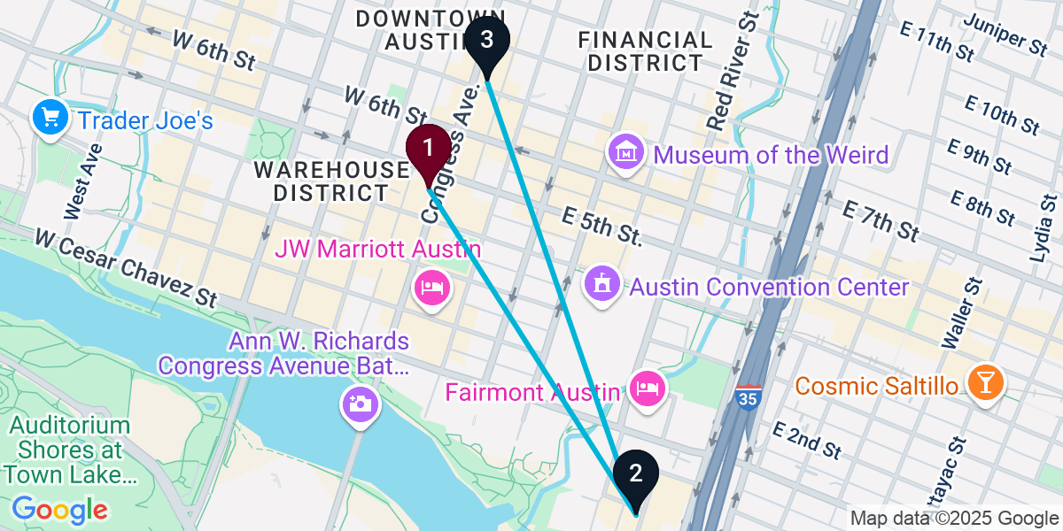 Map for 3-Stop Austin Rooftop Bar Crawl