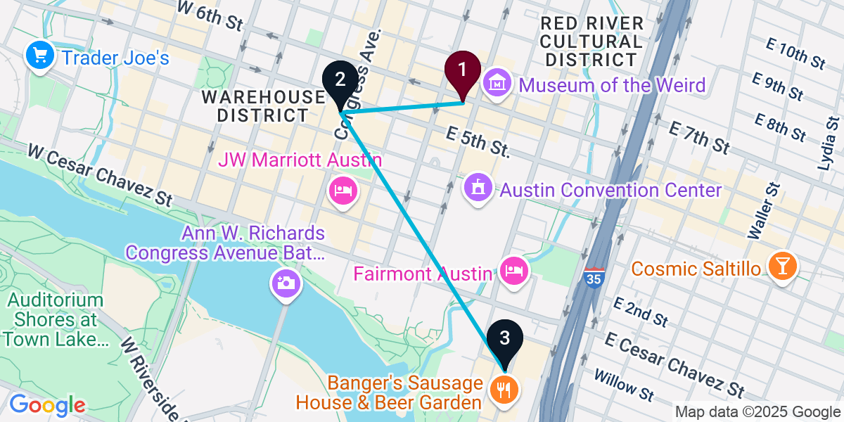Map for 3-Stop Austin Rooftop Bar Crawl