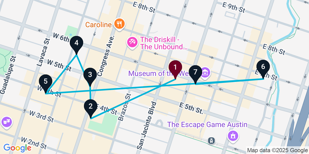 Map for 7-Stop Austin Bar Crawl