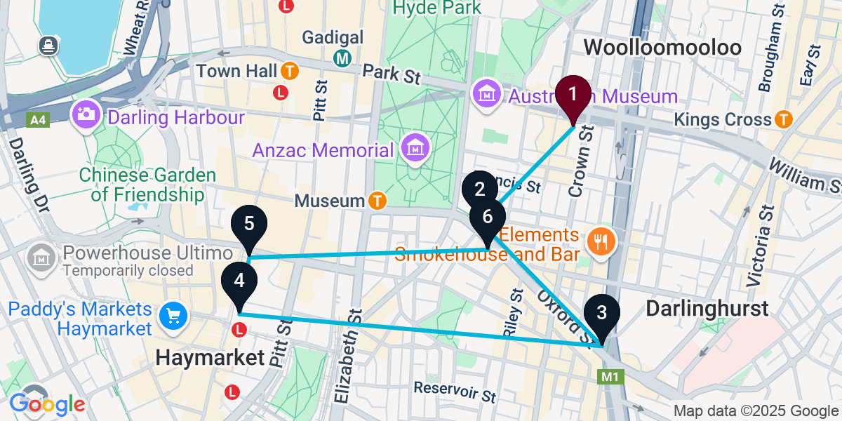 Map for 6-Stop Darlinghurst Nightclub Bar Crawl