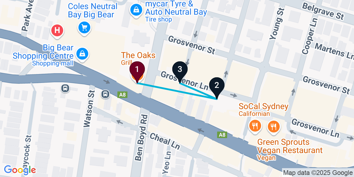 Map for 3-Stop Neutral Bay Bar Crawl