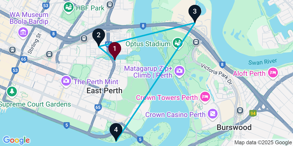 Map for 4-Stop East Perth Bar Crawl