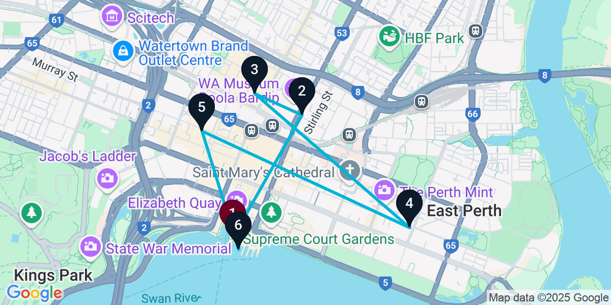 Map for 6-Stop Perth Nightclub Bar Crawl