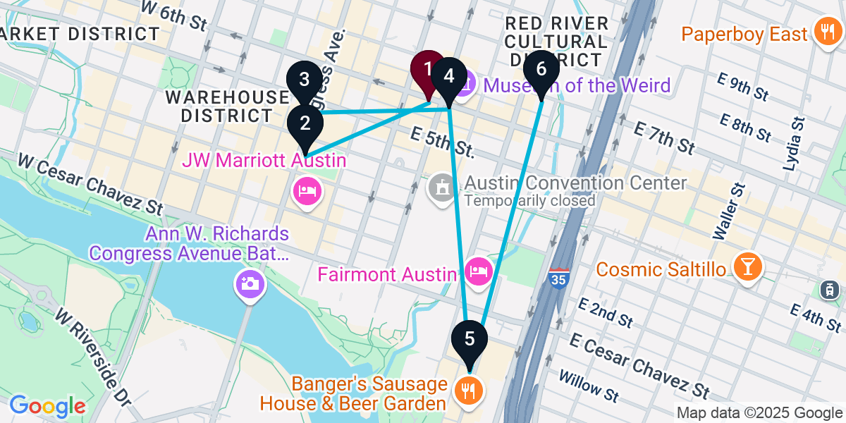 Map for 6-Stop Austin Cocktail Bar Crawl