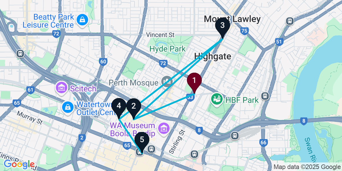 Map for 5-Stop Perth Live music Bar Crawl