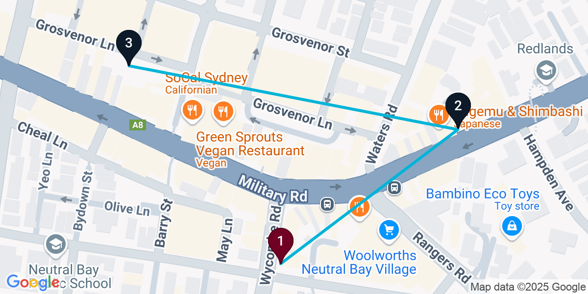 Map for 3-Stop Neutral Bay Live music Bar Crawl
