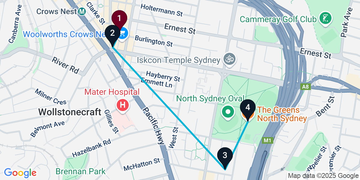 Map for 4-Stop Crows Nest Cocktail Bar Crawl