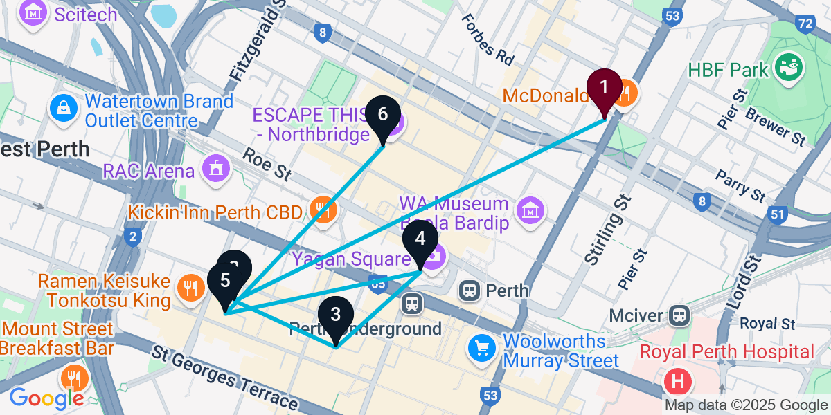 Map for 6-Stop Perth Cocktail Bar Crawl