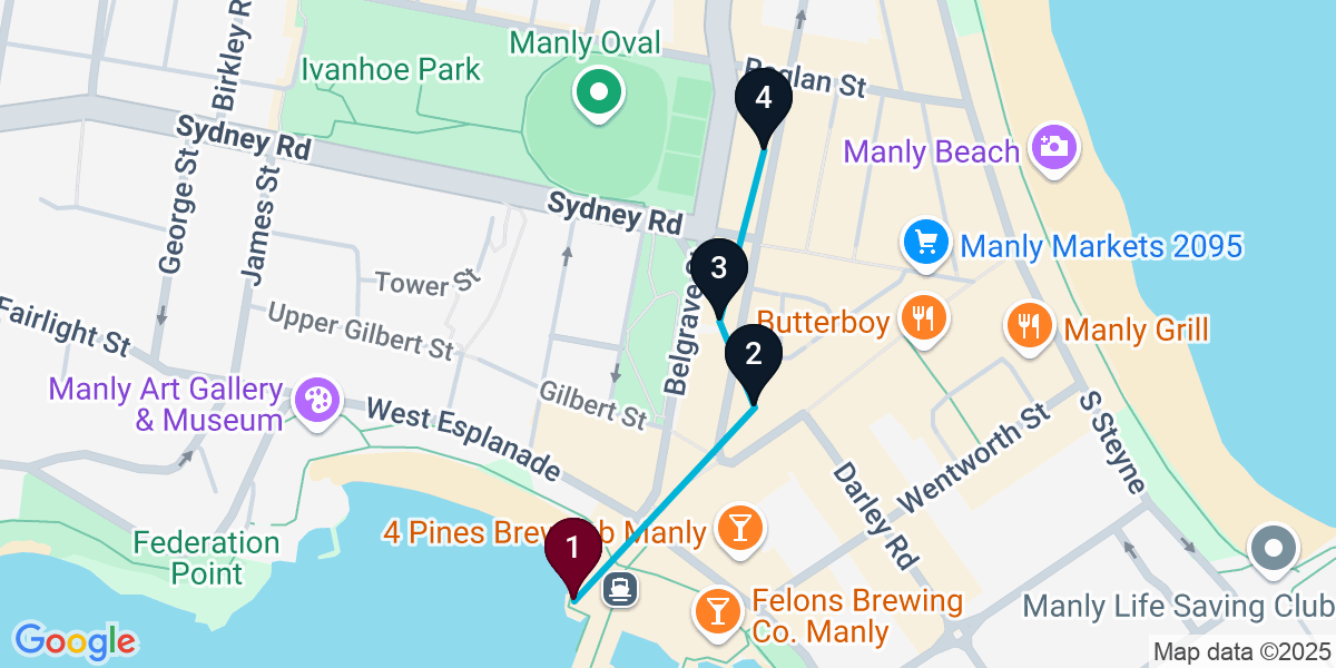 Map for 4-Stop Manly Wine bar Bar Crawl