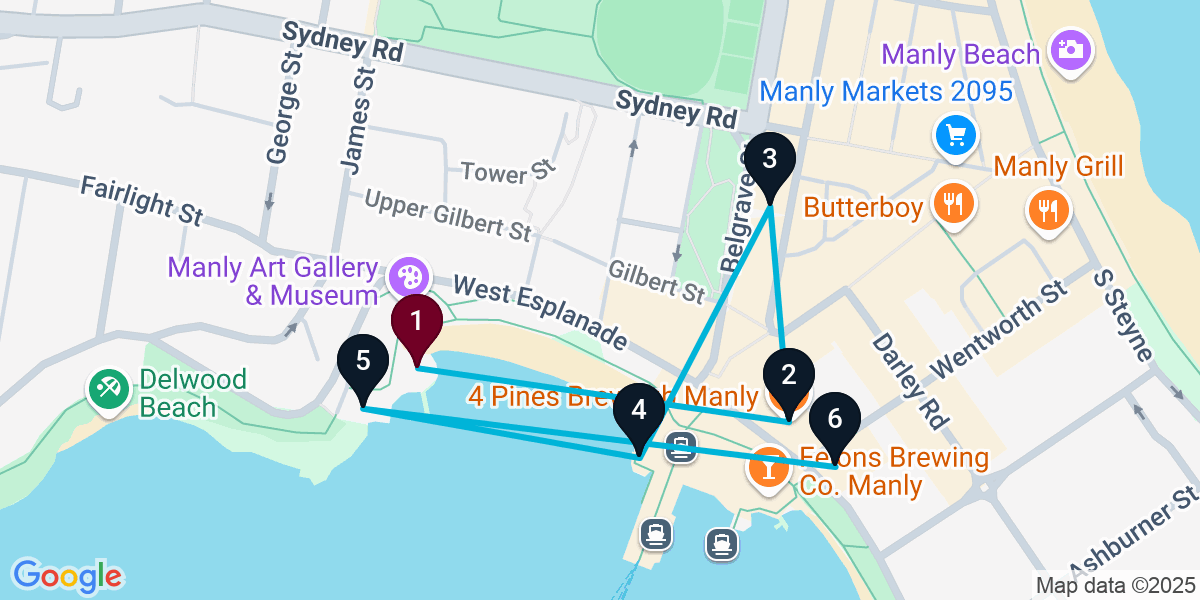 Map for 6-Stop Manly Cocktail Bar Crawl