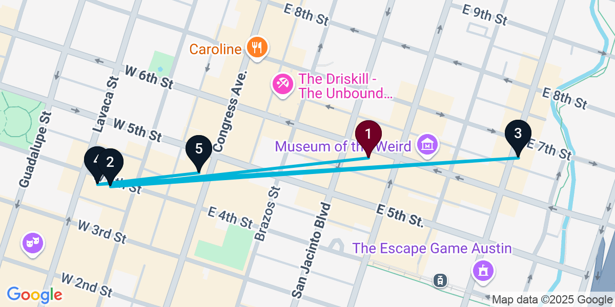 Map for 5-Stop Austin Nightclub Bar Crawl