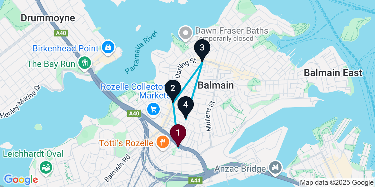 Map for 4-Stop Rozelle Bar Crawl