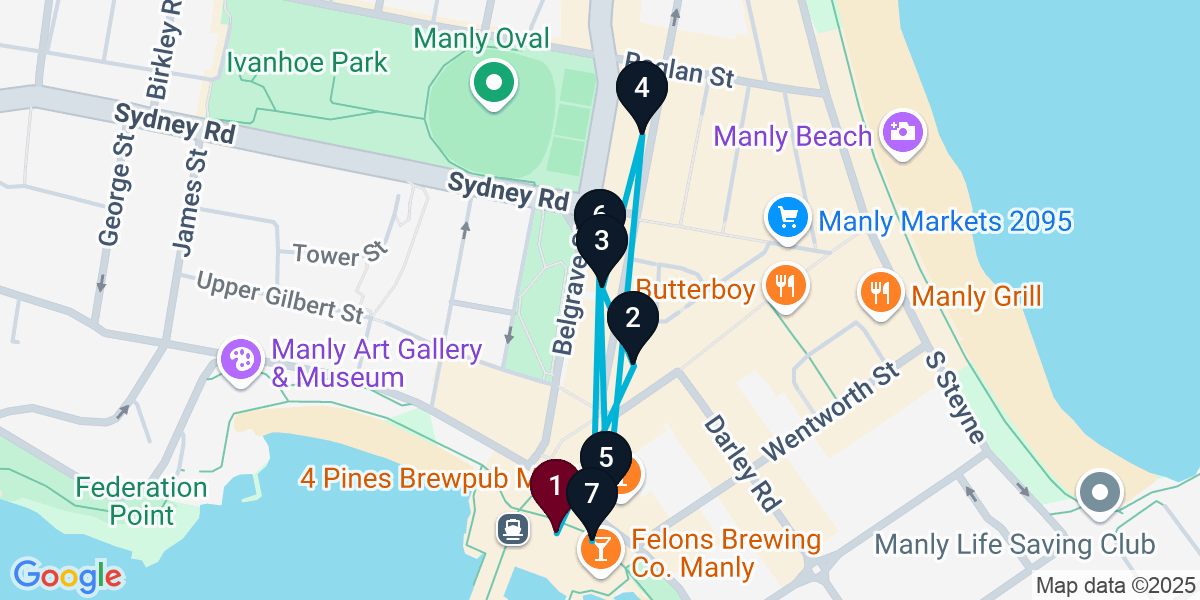 Map for 7-Stop Manly Wine bar Bar Crawl