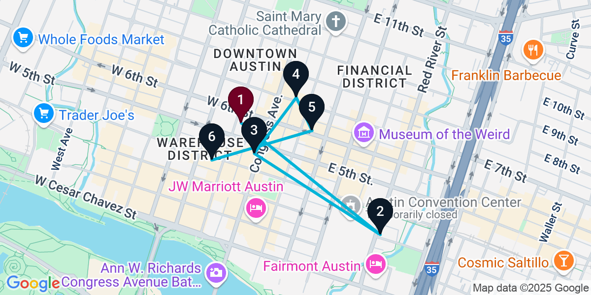 Map for 6-Stop Austin Bar Crawl