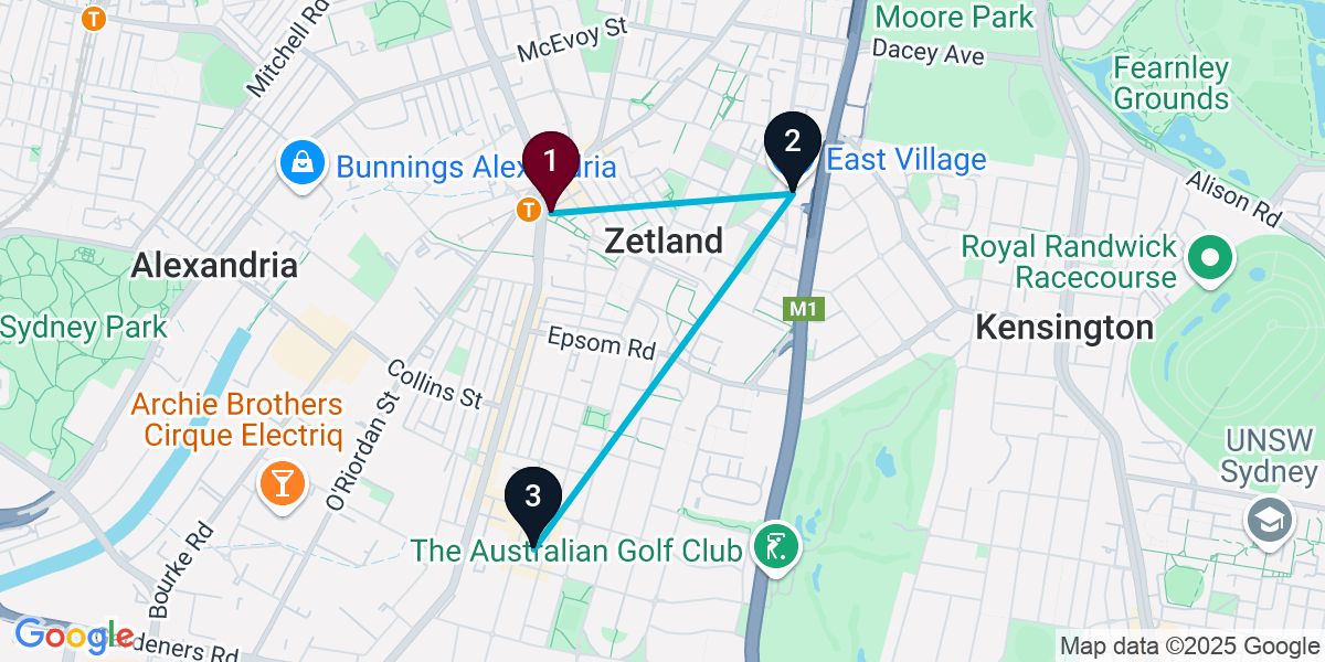 Map for 3-Stop Zetland Wine bar Bar Crawl