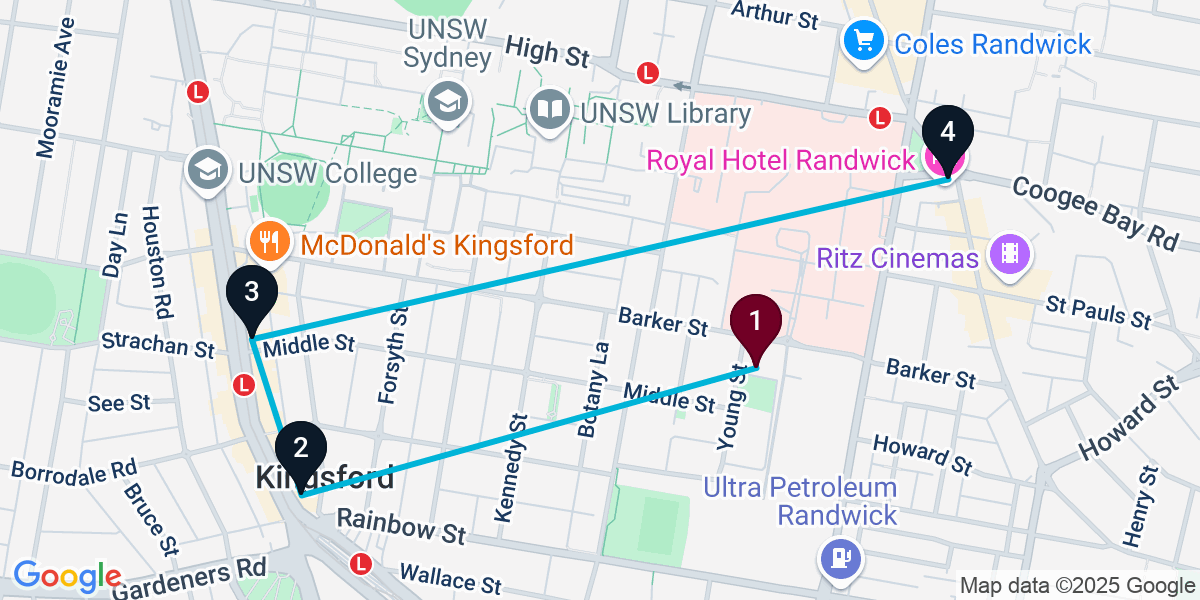 Map for 4-Stop Randwick Sports bar Bar Crawl