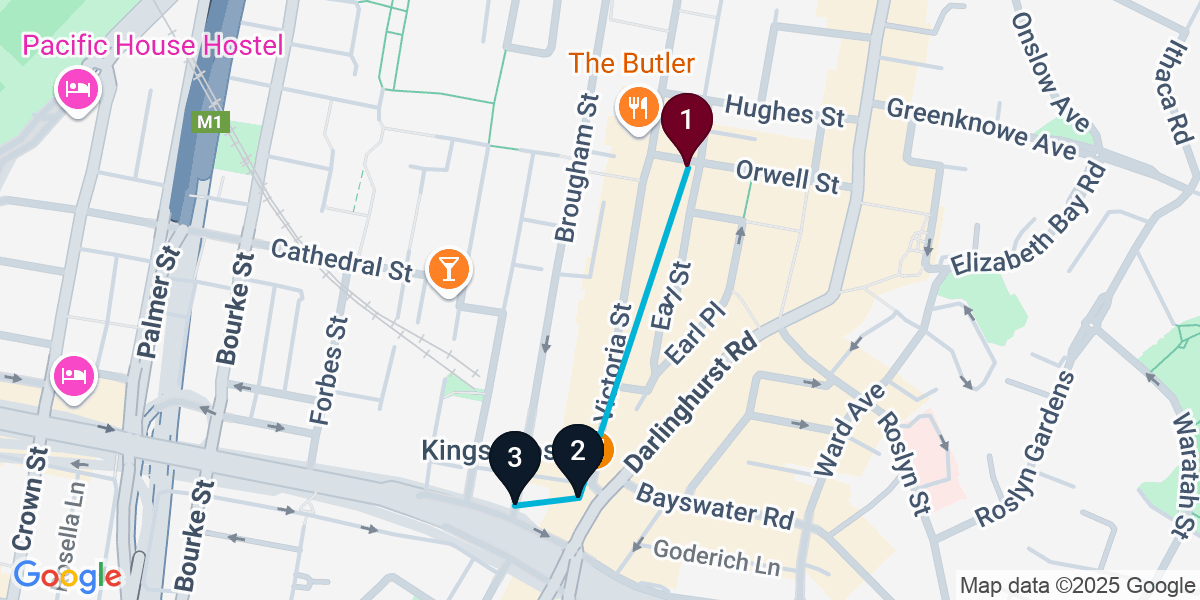 Map for 3-Stop Potts Point Live music Bar Crawl